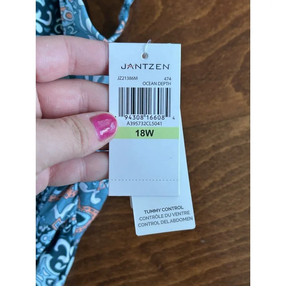 Jantzen Draped Surplice One Piece Bathing Suit Ocean  Floral‎ Stretch NWT 18W